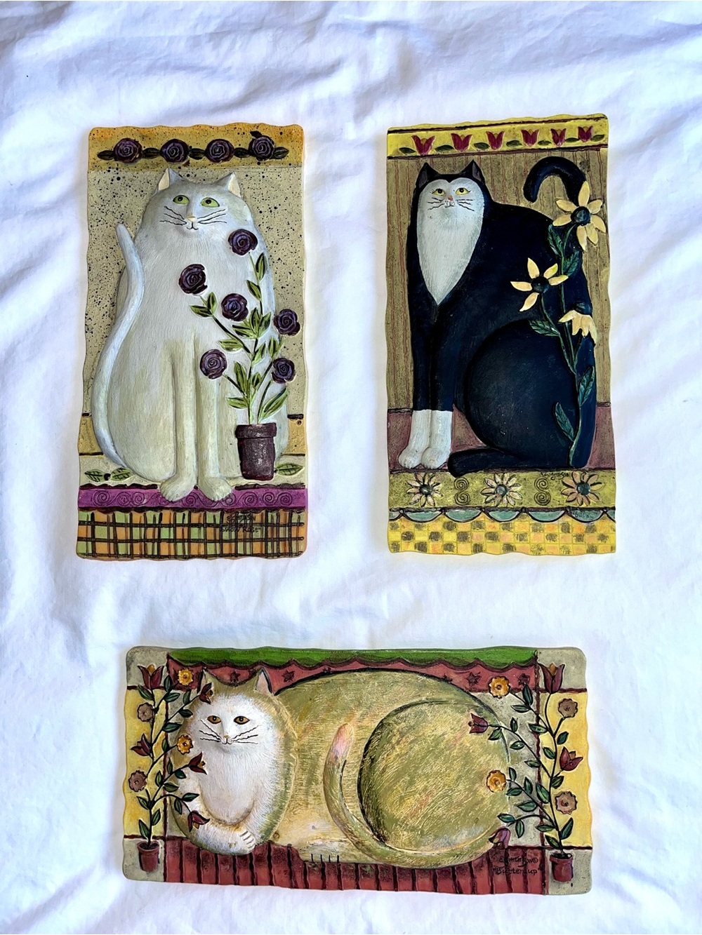 E. Smithson 3- folk art 3D wall hanging plaques Buttercup, Daisy & Snow Rose